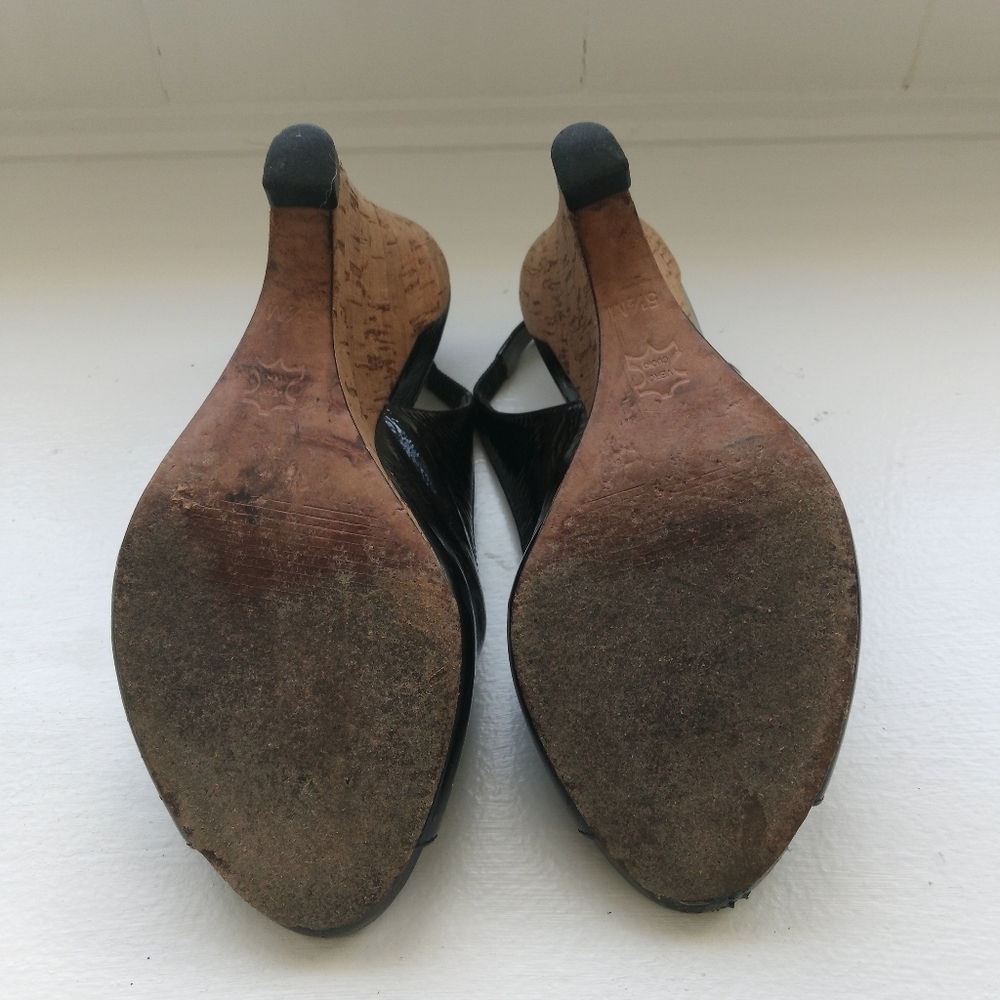 Via Spiga Black Patent Peep Toe Cork Wedges Size 5.5 4.75" heel - Picture 6 of 8